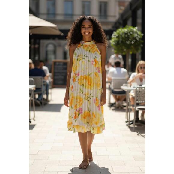 Emma & Michele Women's Floral Pleated Midi Dress/Halter Neck - Picture 1 of 7